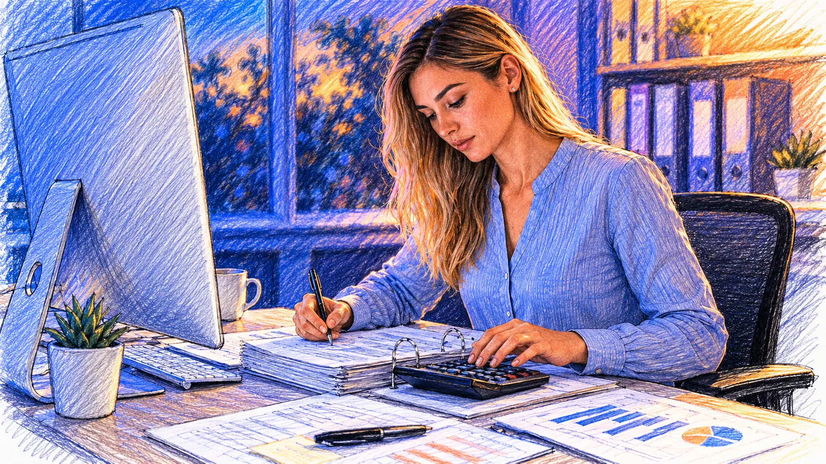 Woman at a desk reviewing paperwork with a calculator and computer