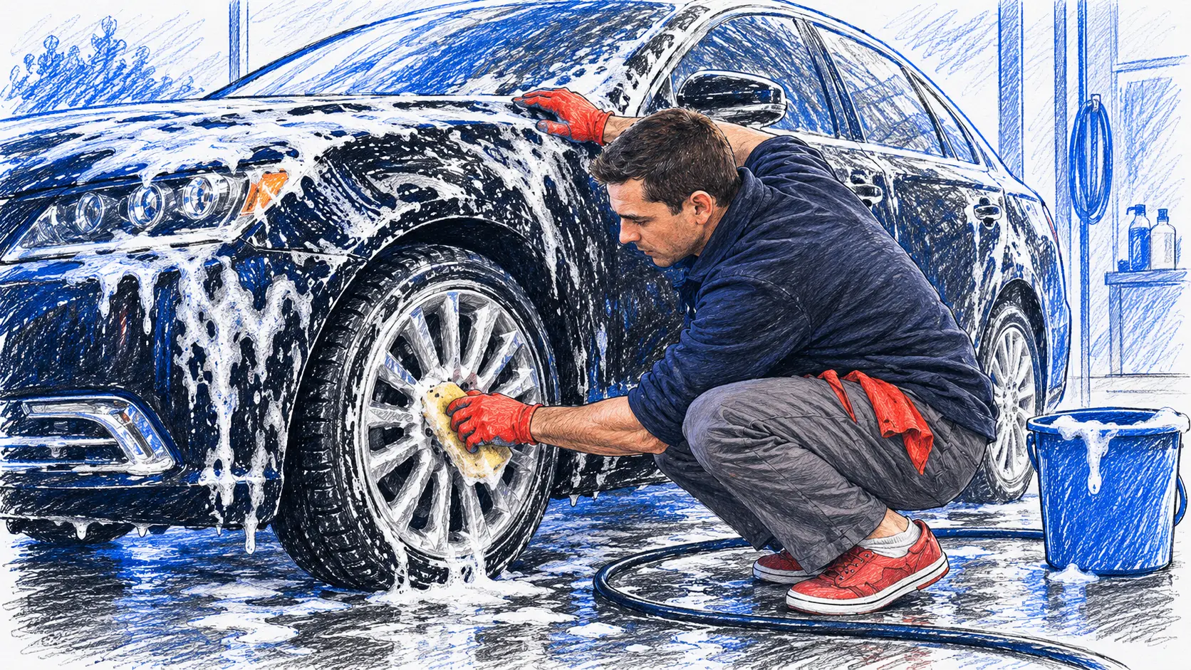 Car detailer scrubbing a dirty wheel during a mobile detailing service