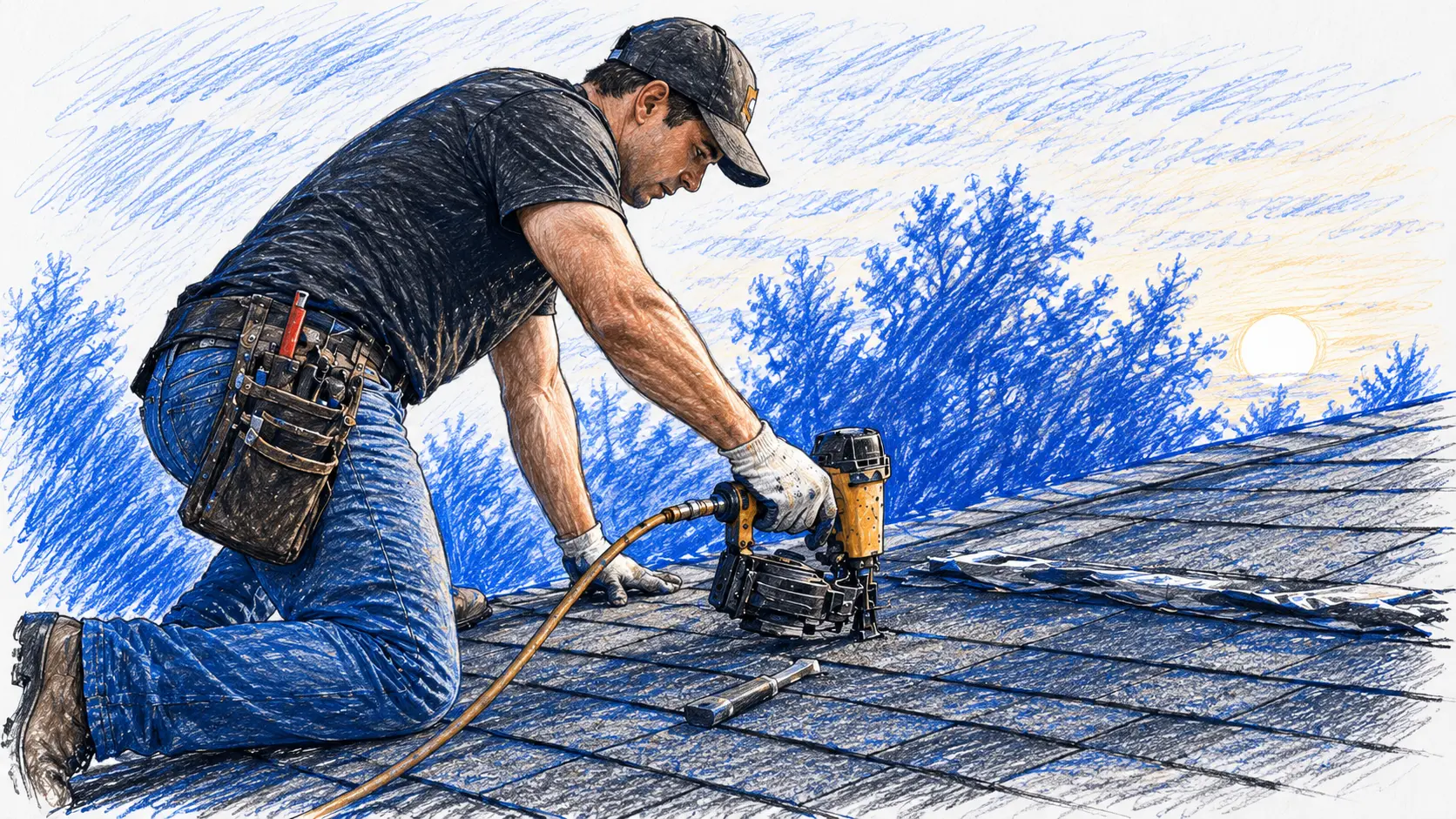 Roofer on a residential roof using a nail gun to install shingles